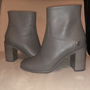Authentic Gray Leather Chanel Ankle Boots